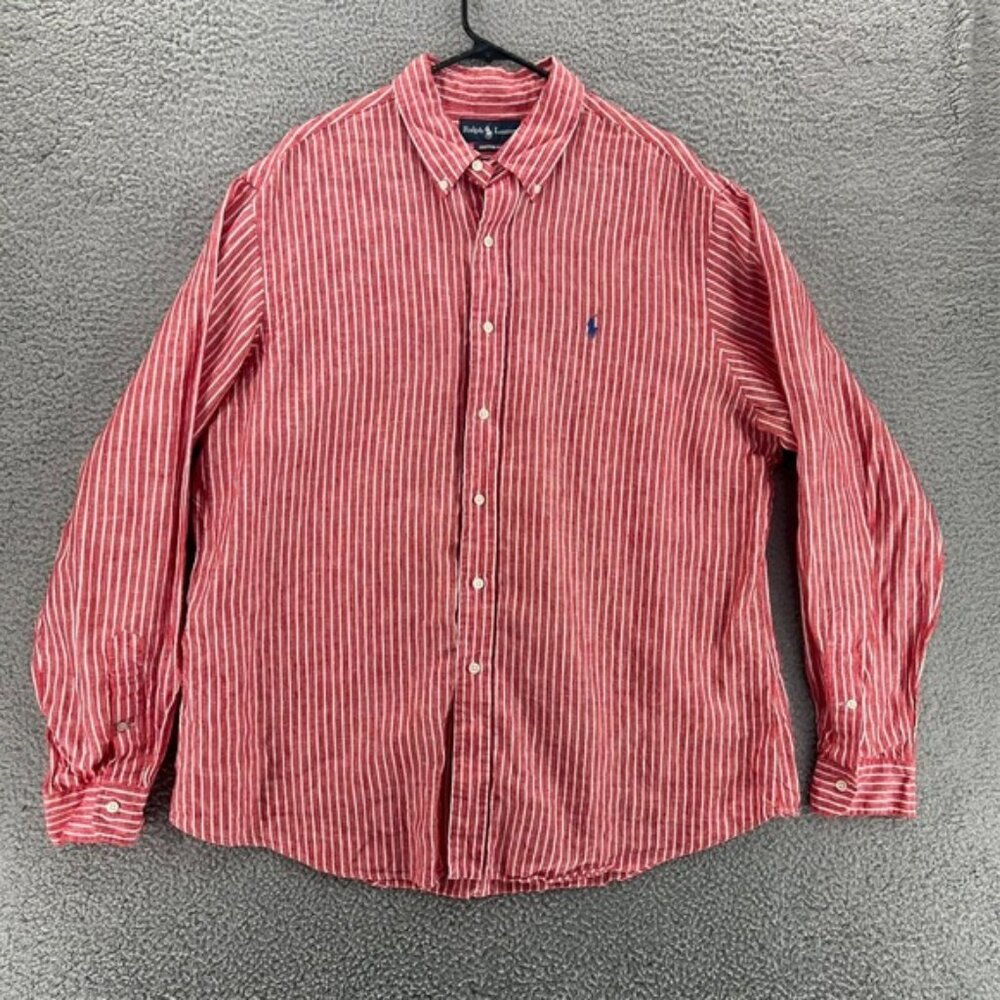 POLO RALPH LAUREN Shirt Men's 2XL Red Striped 100% Linen Custom Fit Button Down